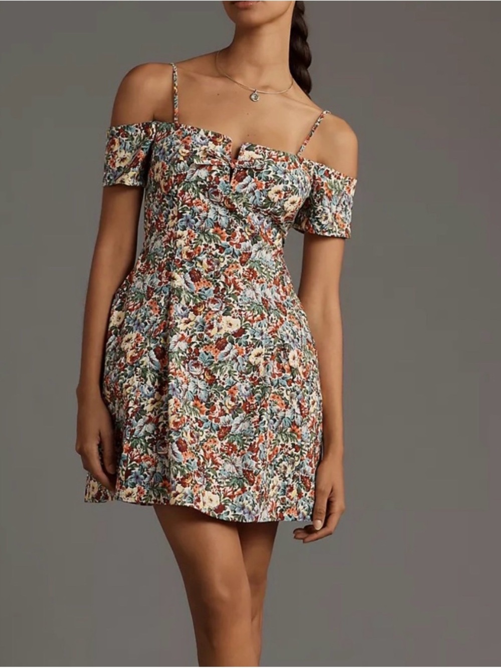 New Anthropologie Floral Off-Shoulder Mini Dress in Cream, Rust & Blue
